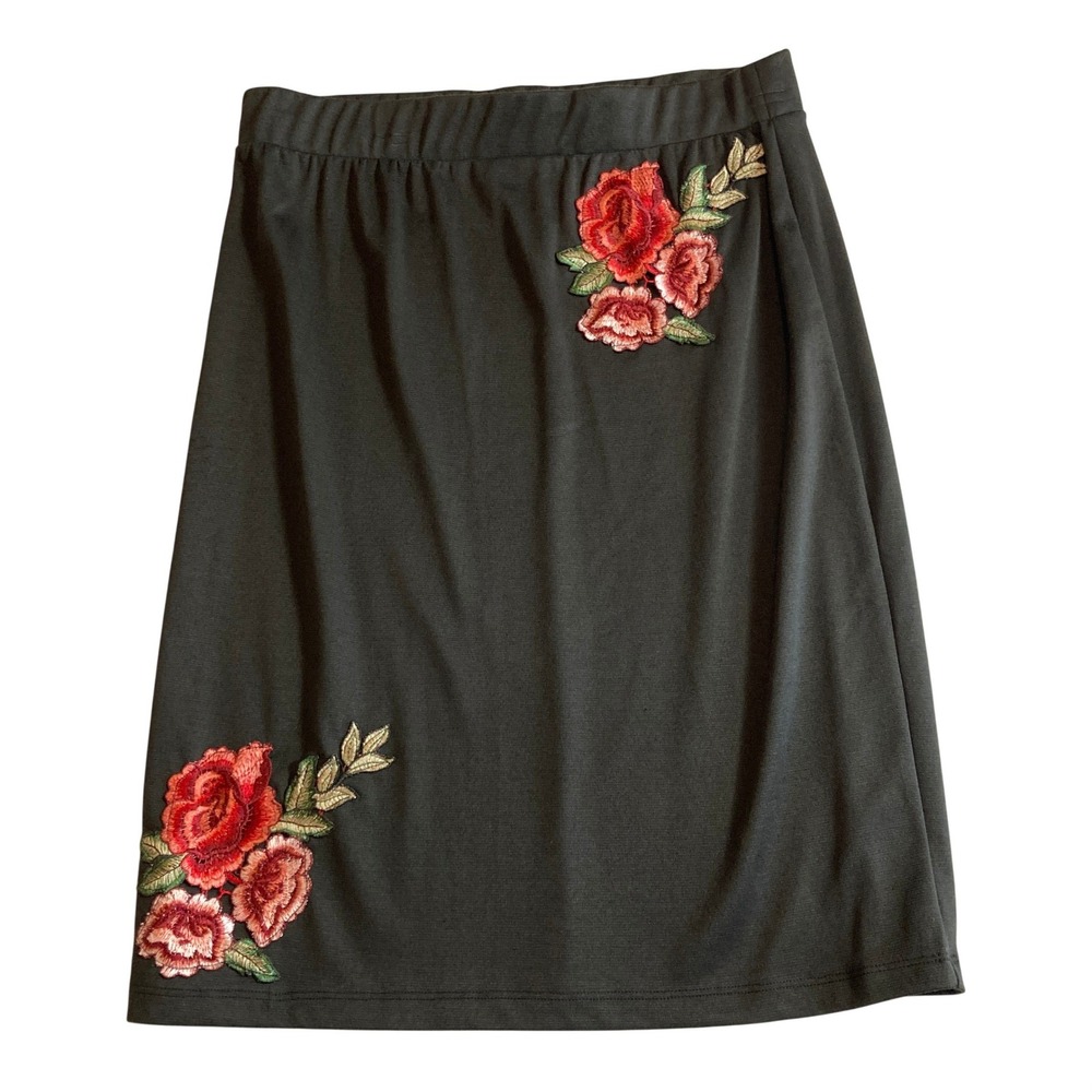 Ultra Teeze Black Rose Floral Embroidered Mini Skirt XL Boho Stretch 67680‎